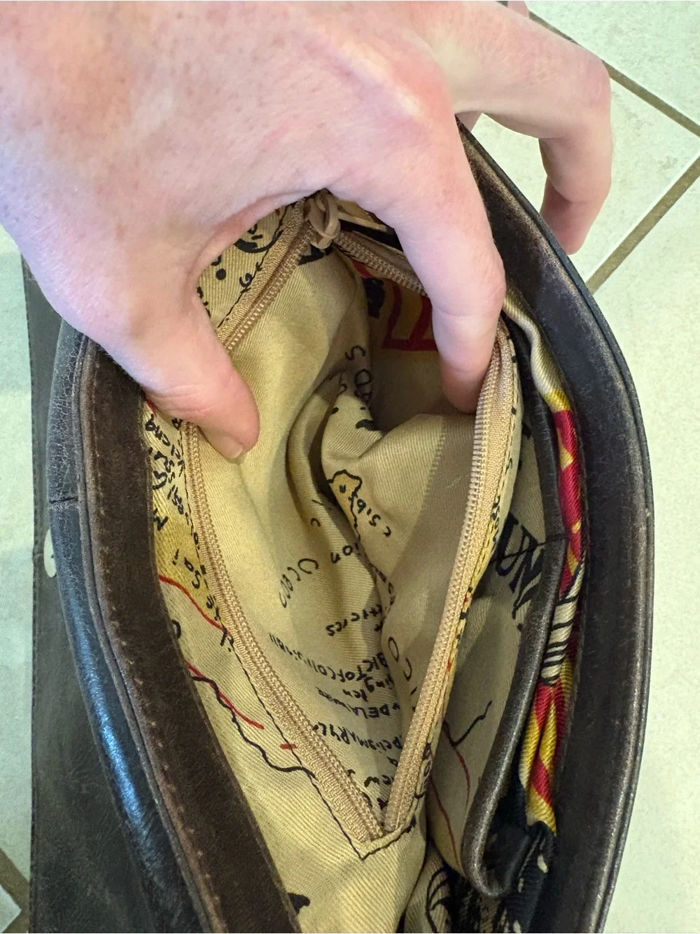 Distressed Brown Leather Foldover Clutch Wristlet with Map Print Lining
